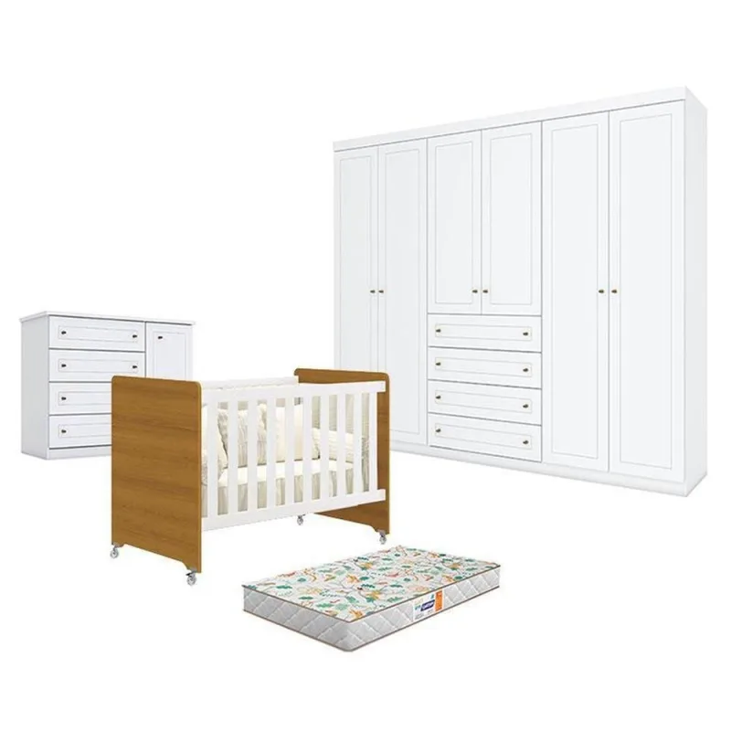 Quarto de Bebê Evolution 4 em 1 6 Portas em MDF-MDP 133cm Branco Acetinado Savana Móveis Henn - OUTRAS