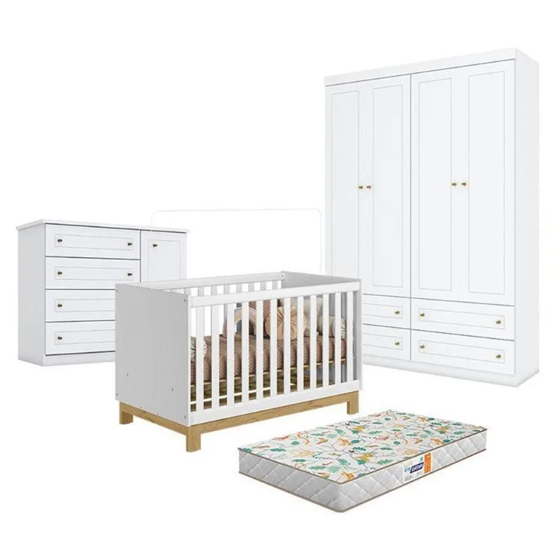 Quarto de Bebê Q Encanto Slim com Berço Americano Mini Cama 4 Portas 4 Gavetas MDP MDF Branco Qmovi