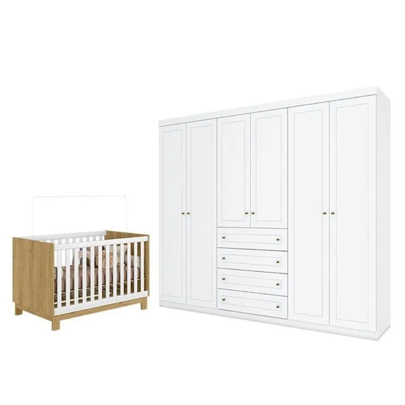 Conjunto Berço Americano Mini Cama Q Encanto Slim e Guarda Roupa Casal 6 Portas Branco Acetinado