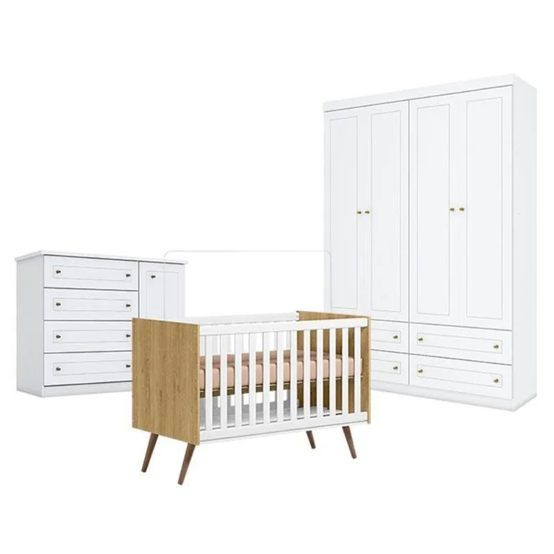 Quarto De Bebê Americano 4 Portas Com Berço Americano Q Encanto 3820 Retrô Freijó Toq Branco Acetinado - Qmovi - Henn