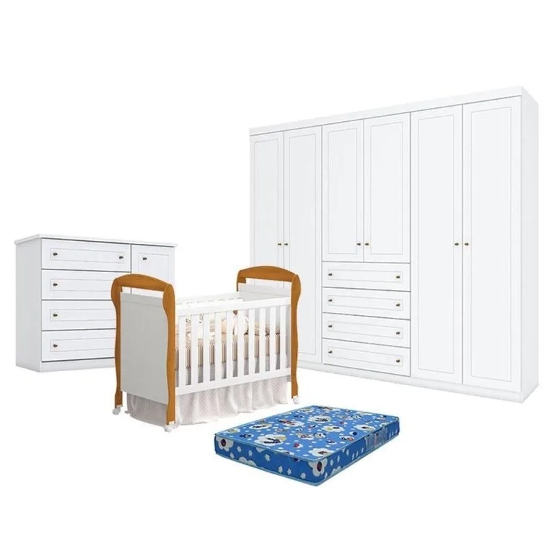 Quarto De Bebê Americano 6 Portas Com Berço Danny Branco Acetinado Savana Reller E Colchão Tendtudo - Henn. - OUTRAS - Móveis