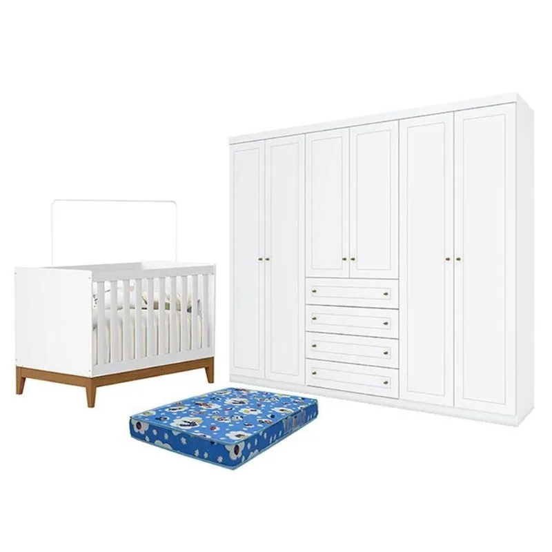 Berço Americano Flip Branco Acetinado Reller E Guarda Roupa Casal Americano 6 Portas Branco Hp E Colchão Tendtudo - Henn