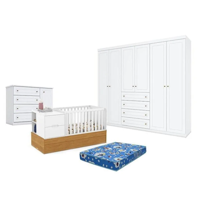 Quarto De Bebê Americano 6 Portas Com Berço Americano Multifuncional Formare Branco Freijó - Matic E Colchão Tendtudo - OUTRAS - Agro