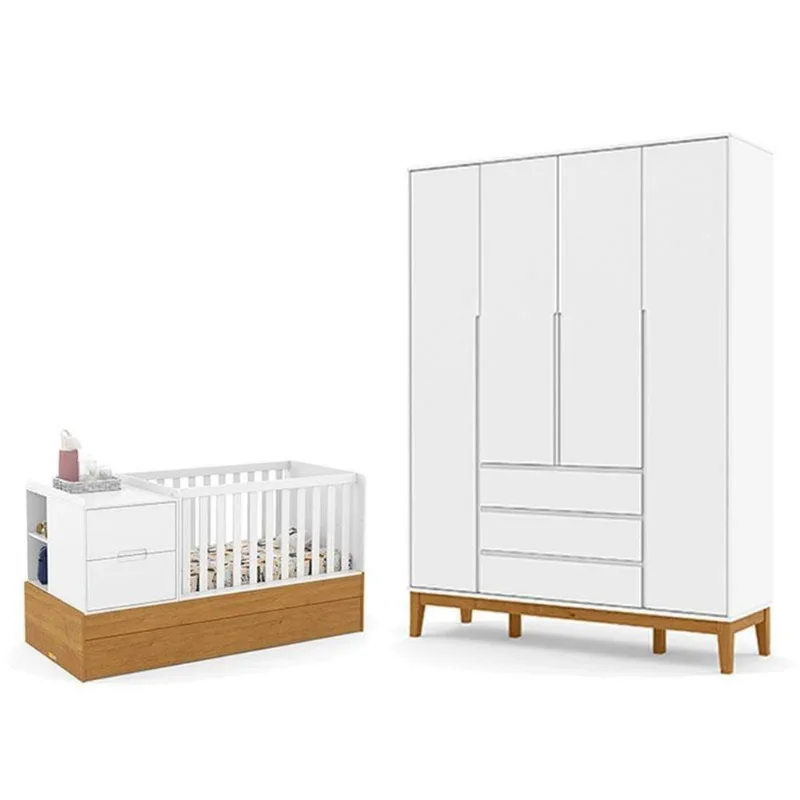 Berço Americano Multifuncional Formare E Guarda Roupa Nature Clean 4 Portas Branco Freijó Eco Wood - Matic