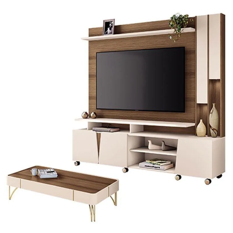 Estante Home Theater Virtus Castanho Off White Com Mesa De Centro Cadenza Off White Castanho- Hb Móveis - Hb Moveis - Móveis