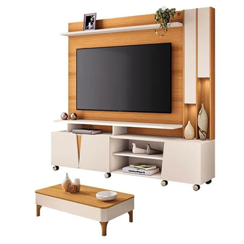 Estante Home Theater Virtus Cinamomo Off White Com Mesa De Centro Liz Off White Cinamomo - Hb Móveis - Hb Moveis - Móveis