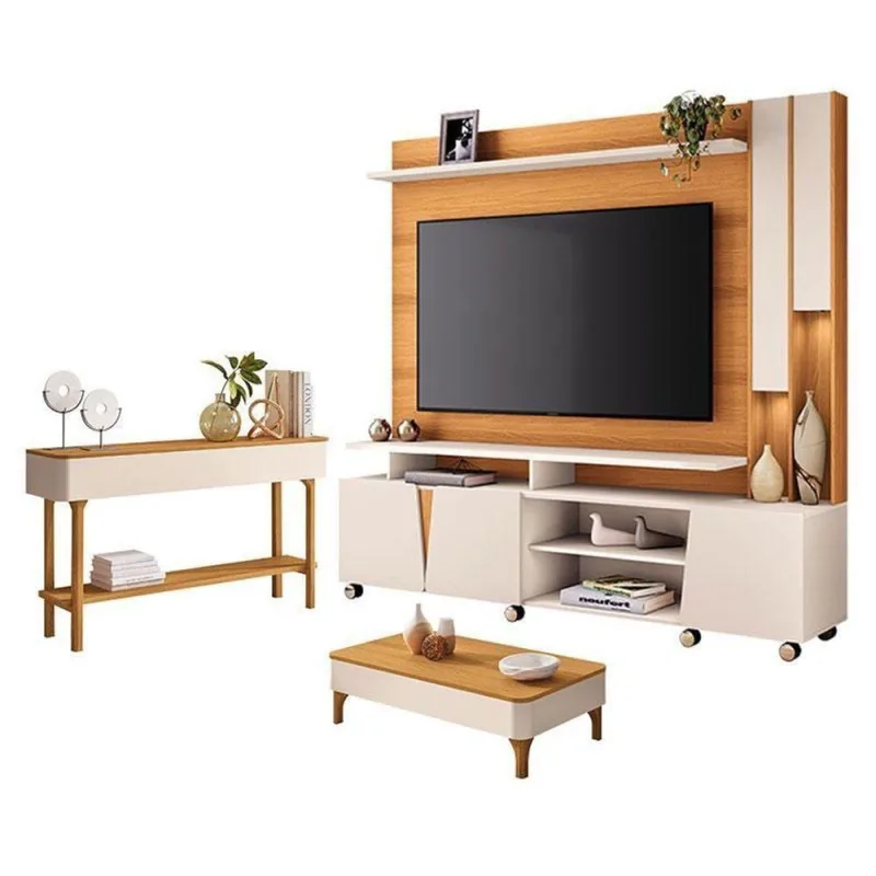 Estante Home Theater Virtus Cinamomo Off White Com Mesa De Centro Liz E Aparador Fiero Off White Cinamomo - Hb Móveis - Hb Moveis - Móveis