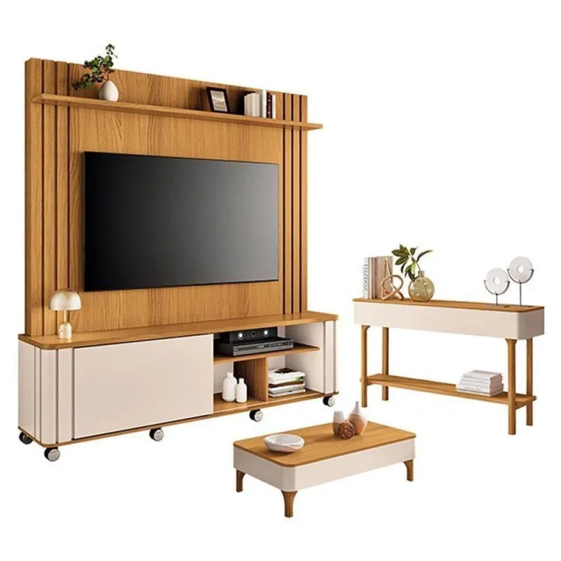 Estante Home Theater Trinus Cinamomo Off White Com Mesa De Centro Liz E Aparador Fiero Off White Cinamomo - Hb Móveis - Hb Moveis - Móveis