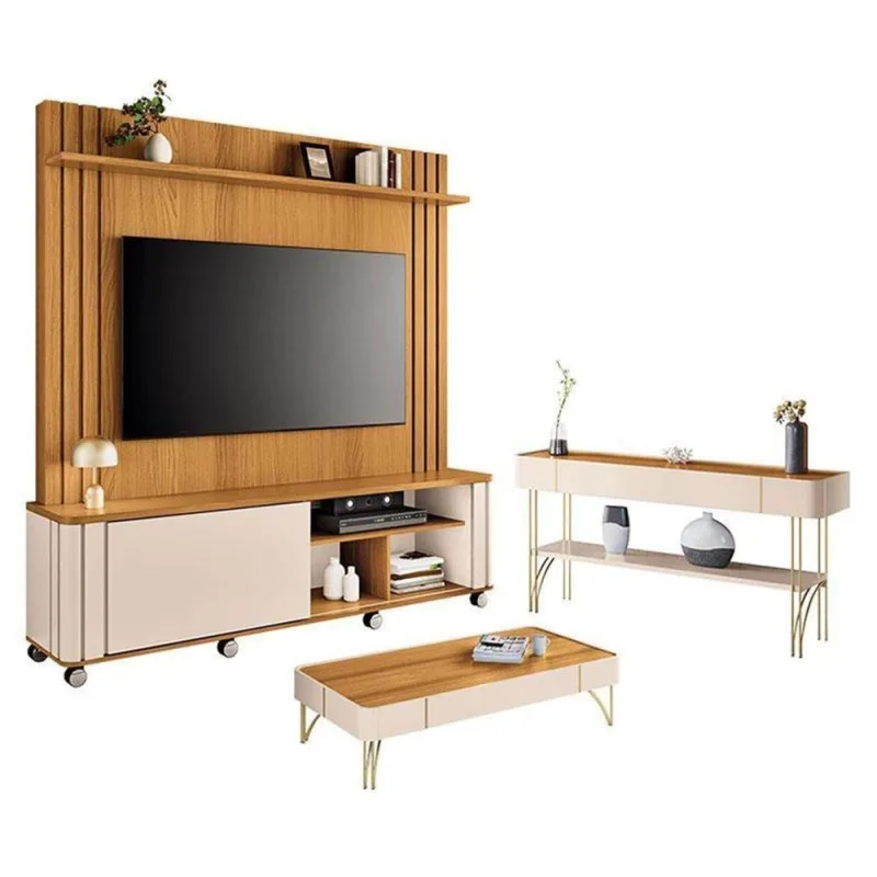 Estante Home Theater Trinus Com Mesa De Centro Cadenza E Aparador Vivant Cinamomo Off White - Hb Móveis - Hb Moveis - Móveis