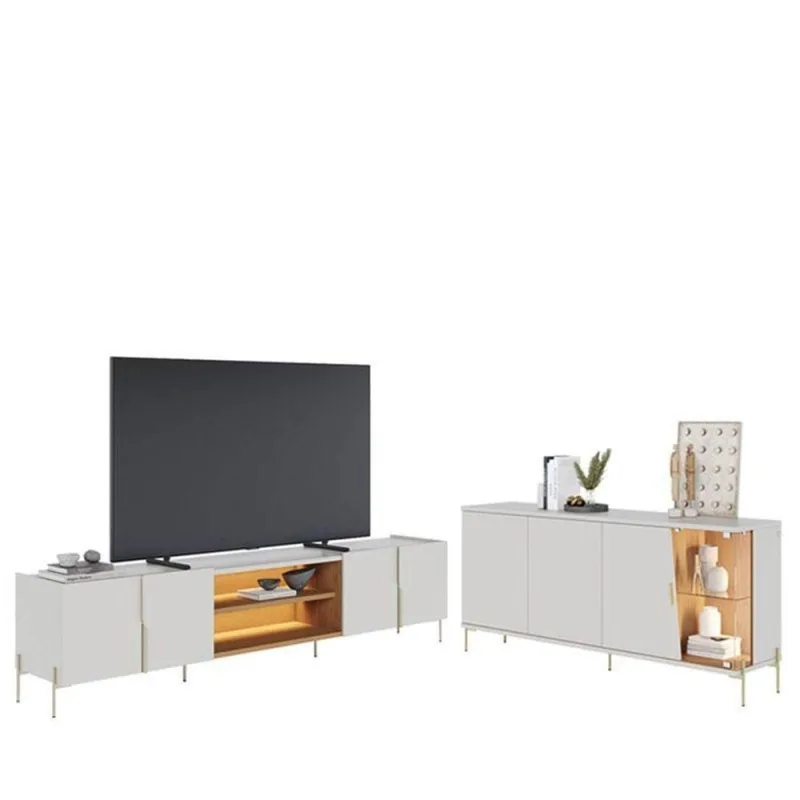 Painel Para Tv Home Suspenso Maggiore 2.3 Com Aparador Buffet Sena Com Led Off White Matte Freijó – Colibri - colibri móveis - Móveis