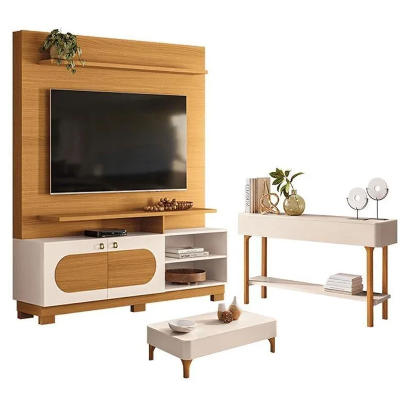 Estante Home Theater Axis Cinamomo Off White Com Mesa De Centro Liz E Aparador Fiero Off White - Hb Móveis - Hb Moveis - Móveis