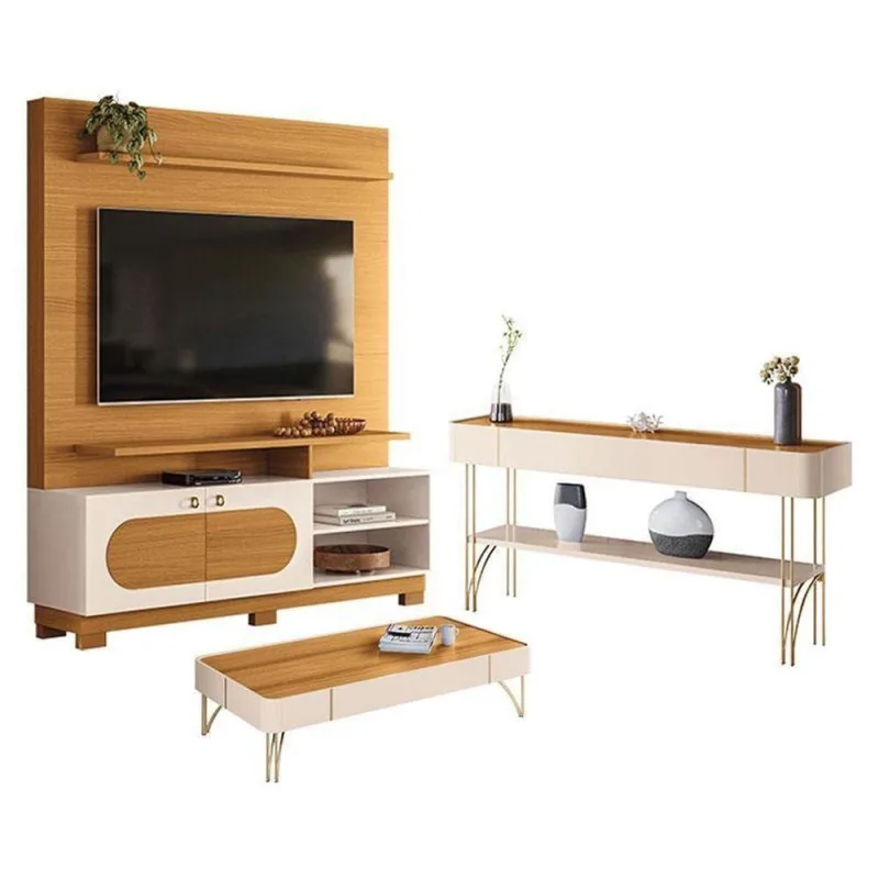 Estante Home Theater Axis Cinamomo Off White Com Mesa De Centro Cadenza E Aparador Vivant Off White Cinamomo - Hb Móveis - Hb Moveis - Móveis