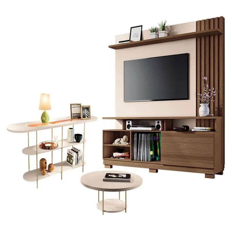 Estante Home Theater Artheo Castanho Off White Com Mesa De Centro Sky E Aparador Infinity Off White - Hb Móveis - Hb Moveis - Móveis
