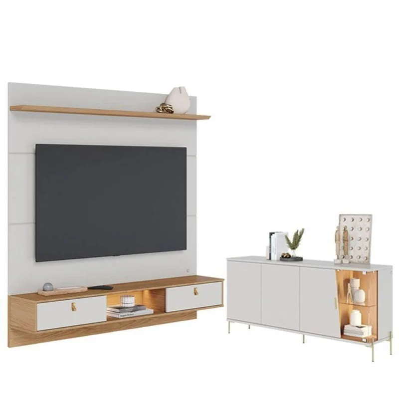 Painel Para Tv Home Suspenso Bali 1.6 Com Aparador Buffet Sena Com Led Off White Matte Freijó – Colibri - colibri móveis