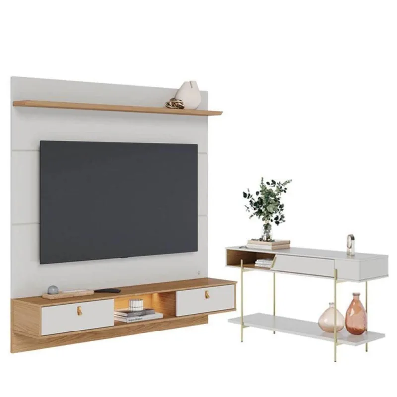 Painel Para Tv Home Suspenso Bali 1.6 Com Aparador Para Sala Sena Off White Matte Freijó – Colibri - colibri móveis - Móveis