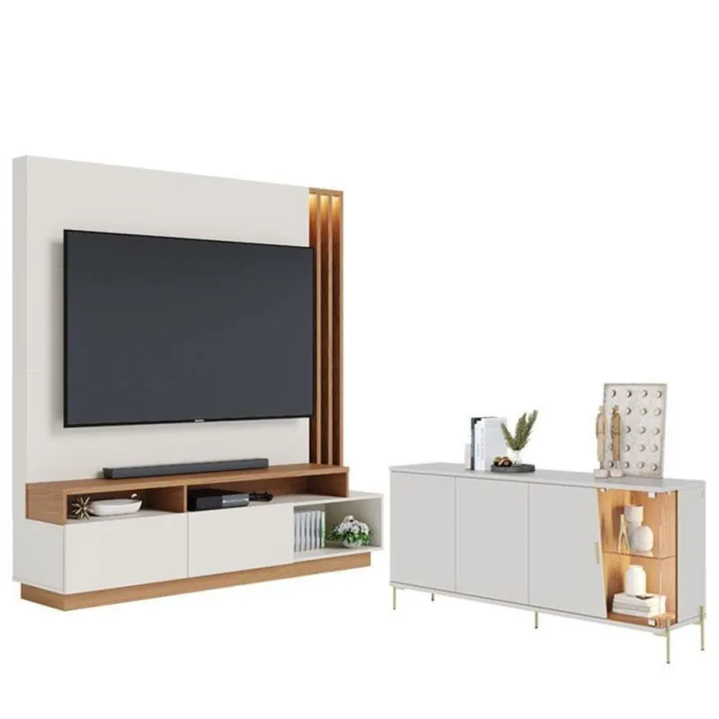 Estante Home Theater Humaita Com Aparador Buffet Sena Com Led Off White Matte Freijó - Colibri - colibri móveis - áudio