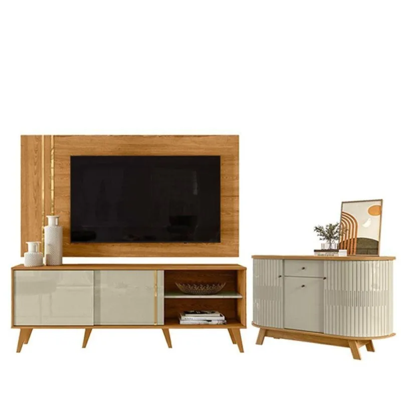 Rack Bancada E Painel Para Tv Cronos Com Aparador Para Sala Buffet Monza Cumaru Opala - Madetec - madetec moveis - Móveis