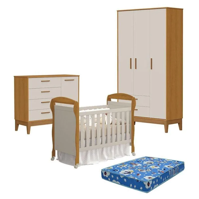 Quarto de Bebê Danny 3 Portas 4 Gavetas MDF Areia Savana Reller Móveis - OUTRAS - Cama, Mesa E Banho