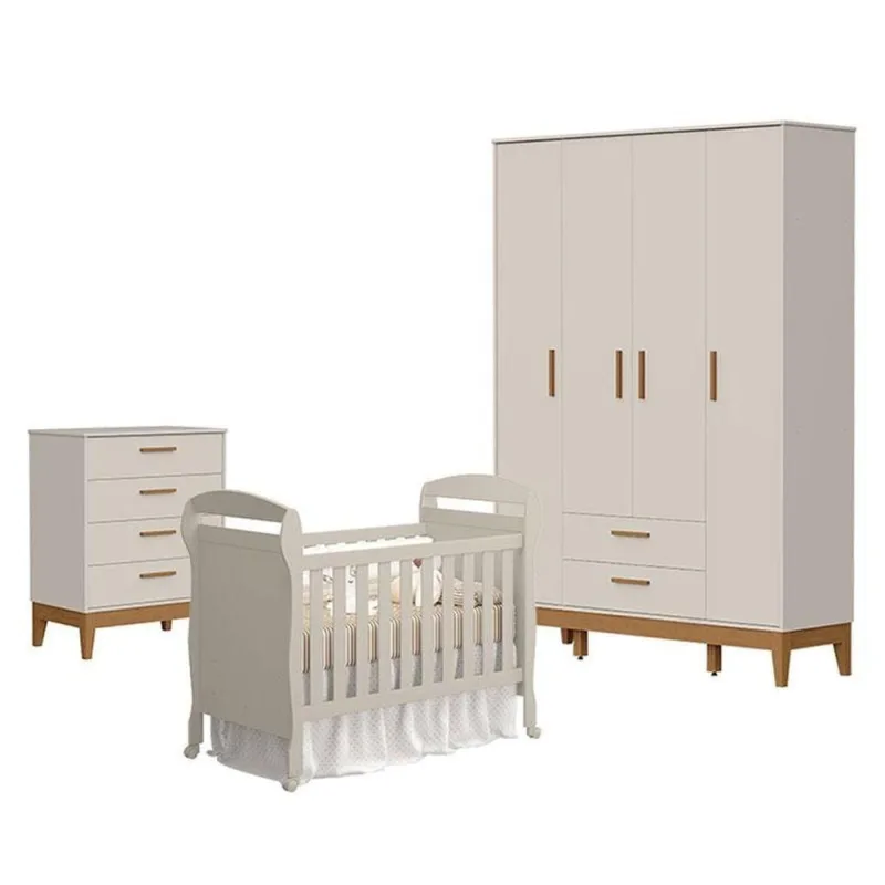 Quarto De Bebê 4 Portas Com Cômoda Gaveteiro Flip E Berço Americano Danny Areia Acetinado - Reller - OUTRAS - Bebês