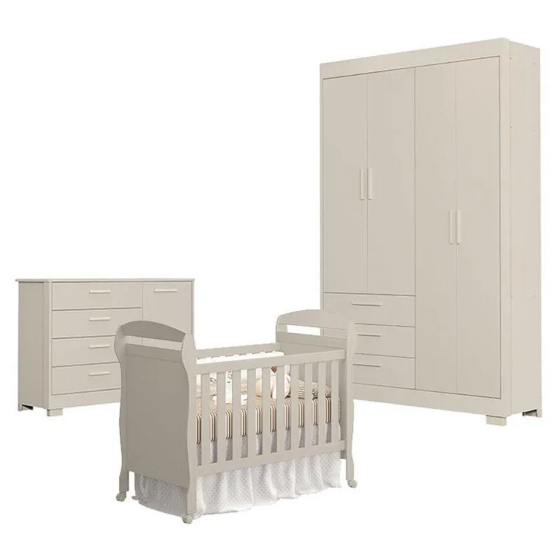Quarto De Bebê Zaki Com Berço Americano Danny Areia Acetinado - Reller - OUTRAS - Cama, Mesa E Banho