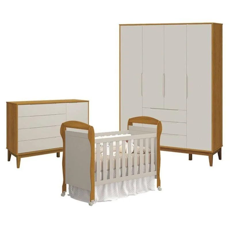 Quarto de Bebê Elfe Classic 4 Portas 3 Gavetas MDF Amadeirado Reller Móveis - OUTRAS - Cama, Mesa E Banho