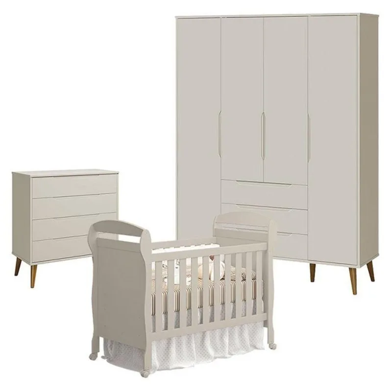 Quarto De Bebê 4 Portas Com Cômoda Gaveteiro Elfe Retrô E Berço Americano Danny Areia Acetinado Amadeirado - Reller - OUTRAS - Bebês