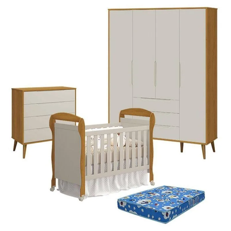 Quarto de Bebê 4 Portas com Cômoda Gaveteiro Elfe Retrô e Berço Americano Danny MDF Colchão Incluso - OUTRAS - Agro