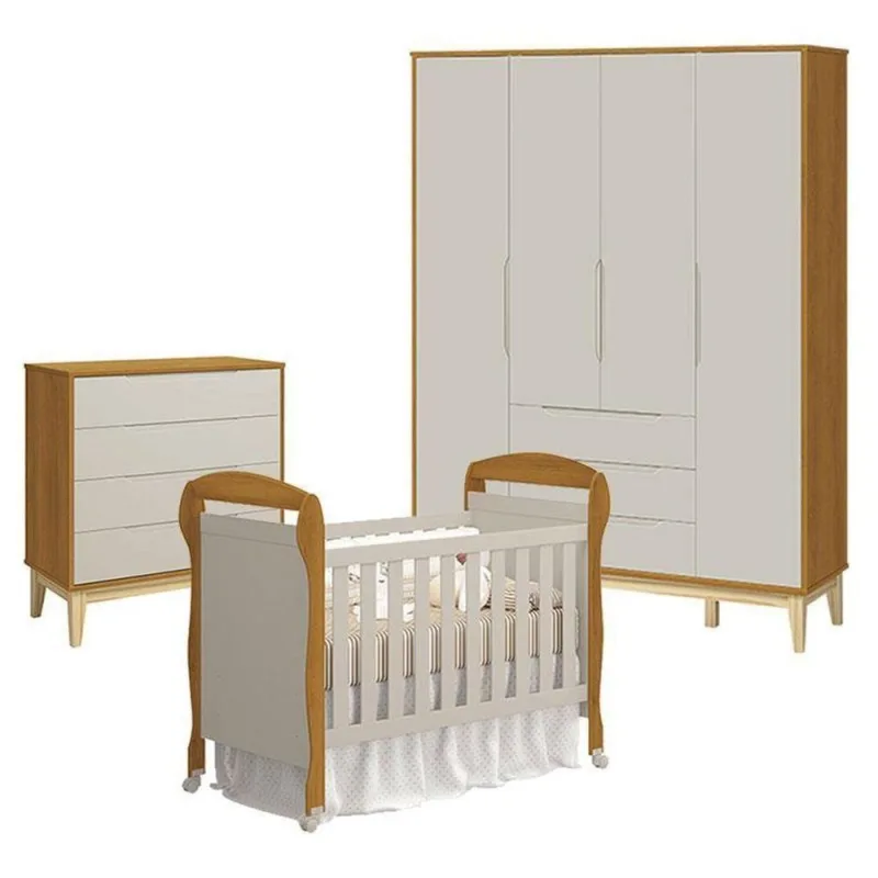 Quarto de Bebê Elfe Classic 4 Portas 3 Gavetas MDF 120CM Amadeirado Reller Móveis - OUTRAS - Cama, Mesa E Banho