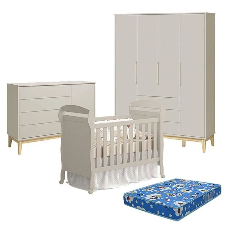 Quarto de Bebê Elfe Classic 4 Portas 3 Gavetas MDF 120CM Areia Natural com Berço e Colchão Ortobom Reller Móveis - OUTRAS - Colchões