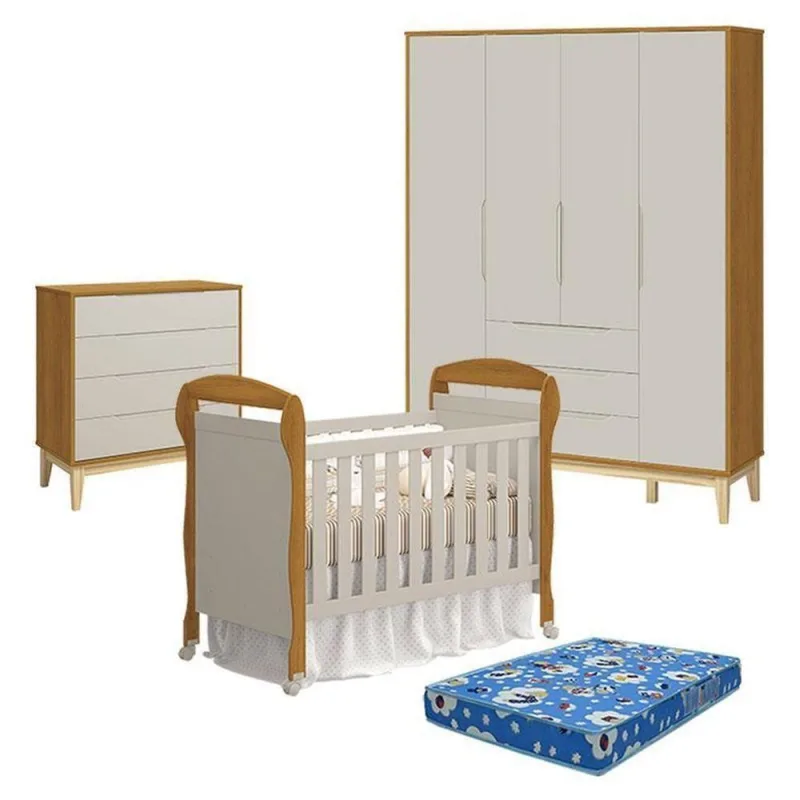 Quarto de Bebê Elfe Classic 4 Portas 3 Gavetas MDF TAMANHO 120cm Amarelo com Berço Reller Móveis - OUTRAS