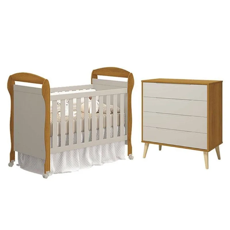 Berço Americano Danny E Cômoda Gaveteiro Elfe Retrô Areia Savana Acetinado Natural - Reller