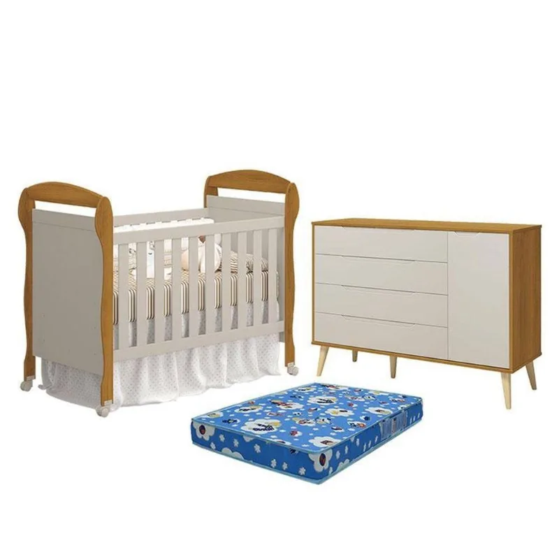 Berço Americano Danny Com Colchão Ortobom E Cômoda Com Porta Elfe Retrô Areia Savana Acetinado Natural - Reller