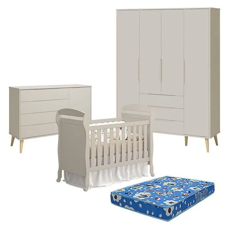 Quarto de Bebê Elfe Retrô com Guarda Roupa 4 Portas e Cômoda e Berço Danny e Colchão 7 Gavetas MDF - OUTRAS - Agro