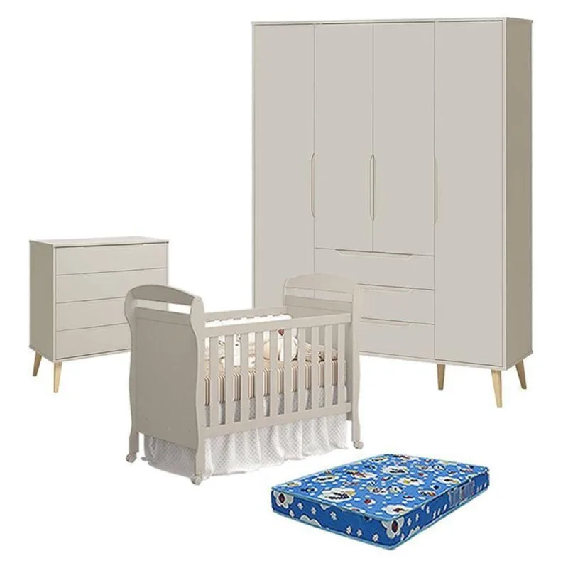 Quarto de Bebê Elfe Retrô e Berço Danny 4 Portas 3 Gavetas MDF 120CM Bege Reller Móveis - OUTRAS - Agro
