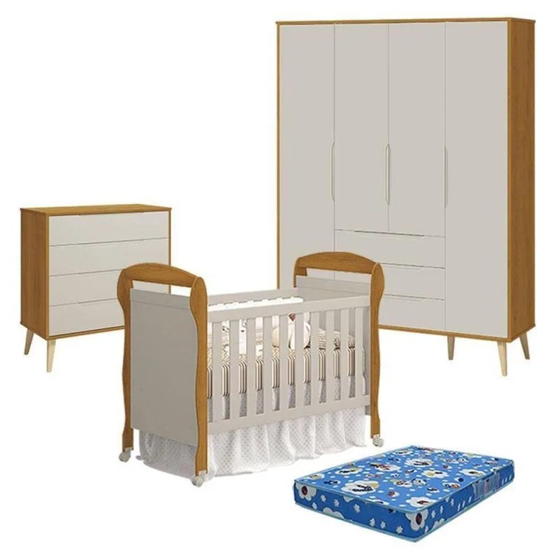 Quarto de Bebê Elfe Retrô e Berço Danny 4 Portas 3 Gavetas MDF Areia Savana Natural Reller 120CM - OUTRAS - Agro