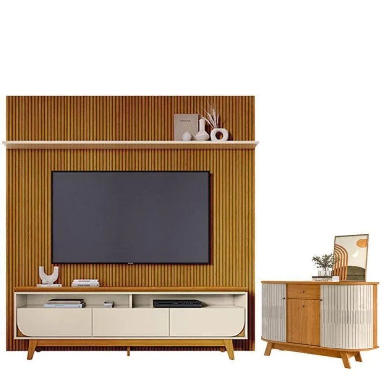 Estante Home Theater Com Bancada Suspensa Luna Com Aparador Para Sala Buffet Monza Cinamomo Off White - Madetec - madetec moveis - Móveis