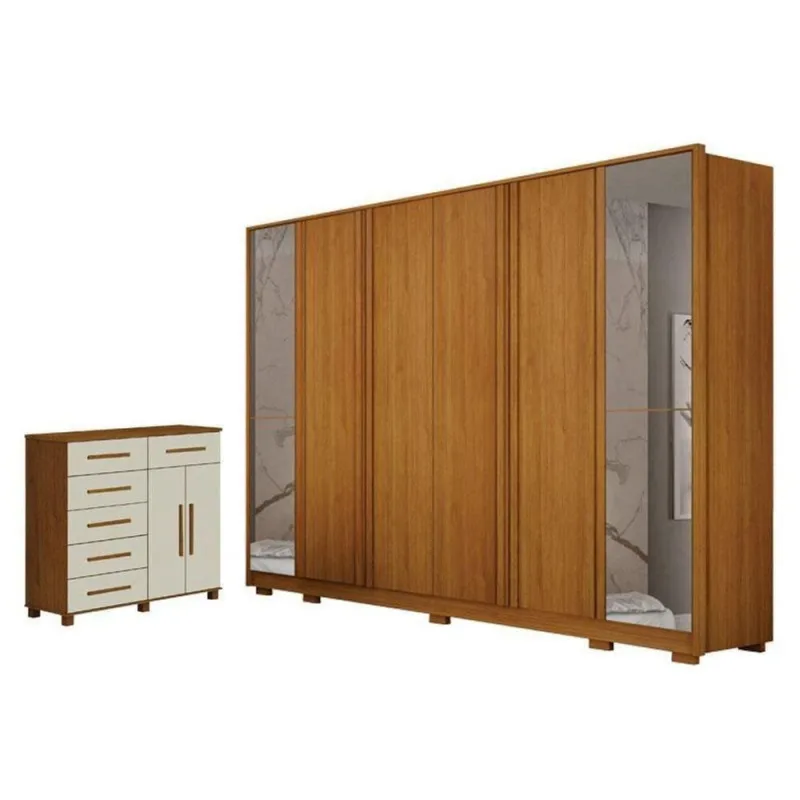 Guarda Roupa Casal Ares 6 Portas de Bater com Espelho 6 Gavetas MDF MDP Cinamomo com Off-white - OUTRAS - Agro