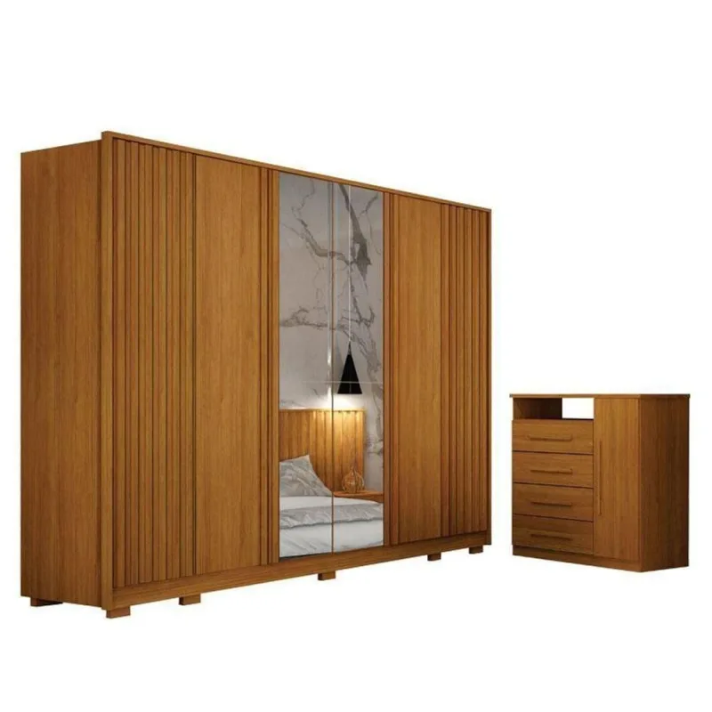 Guarda Roupa Casal Evo 6 Portas Com Espelho Cinamomo Com Cômoda Diamante 4 Gavetas 1 Porta Cinamomo - Leifer - OUTRAS - Móveis