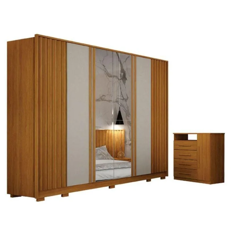 Guarda Roupa Casal Evo 6 Portas Com Espelho Cinamomo E Off-white Com Cômoda Diamante 4 Gavetas 1 Porta Cinamomo - Leifer - OUTRAS - Móveis