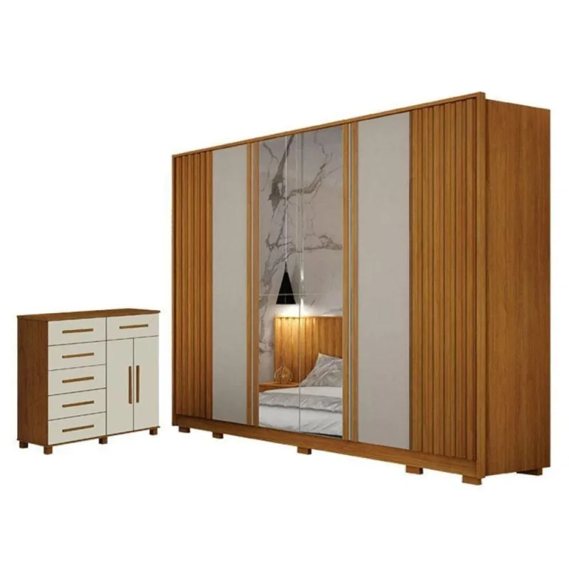 Guarda Roupa Casal com Cômoda Evo 6 Portas de Bater com Espelho 6 Gavetas MDF MDP Cinamomo Off-white - OUTRAS - Agro