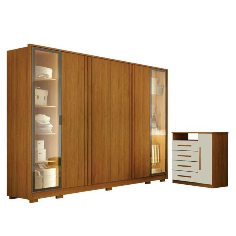 Guarda Roupa Casal Prime 6 Portas Com Led Cinamomo Com Cômoda Diamante 4 Gavetas 1 Porta Cinamomo Off-white - Leifer - OUTRAS - Móveis