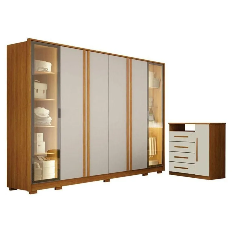 Guarda Roupa Casal Prime 6 Portas Com Led Com Cômoda Diamante 4 Gavetas 1 Porta Cinamomo Off White - Leifer - OUTRAS - Móveis