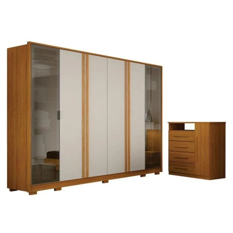 Guarda Roupa Casal Prime 6 Portas Off White Com Cômoda Diamante 4 Gavetas 1 Porta Cinamomo - Leifer - OUTRAS - Móveis