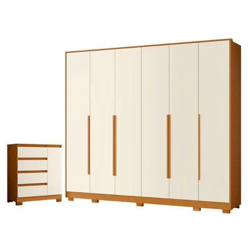 Guarda Roupa Casal Mercure 6 Portas e Cômoda Sapateira Olimpia 10 Gavetas MDP Cinamomo Off White