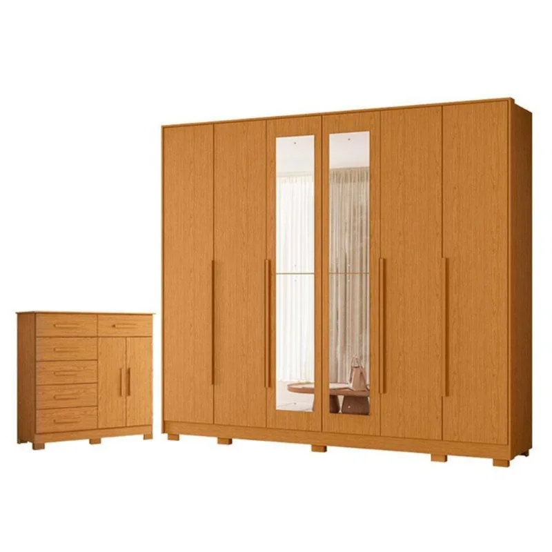 Guarda Roupa Casal Mercure 6 Portas com Espelho e Cômoda Xangai 6 Gavetas MDP Cinamomo