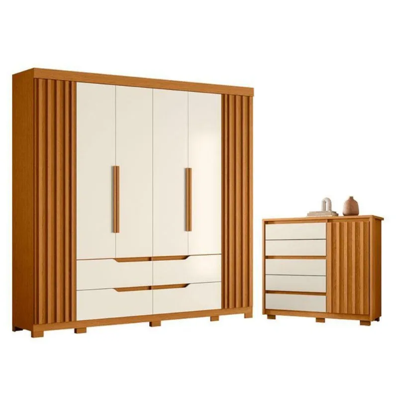 Guarda Roupa Casal Doble 6 Portas de Bater e Cômoda Sapateira Duetto 5 Gavetas MDP Cinamomo Off