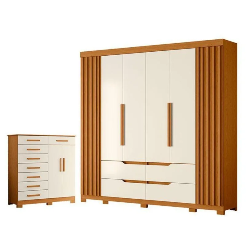 Guarda Roupa Casal Doble 6 Portas de Bater e Cômoda Verona 8 Gavetas Cinamomo Off White
