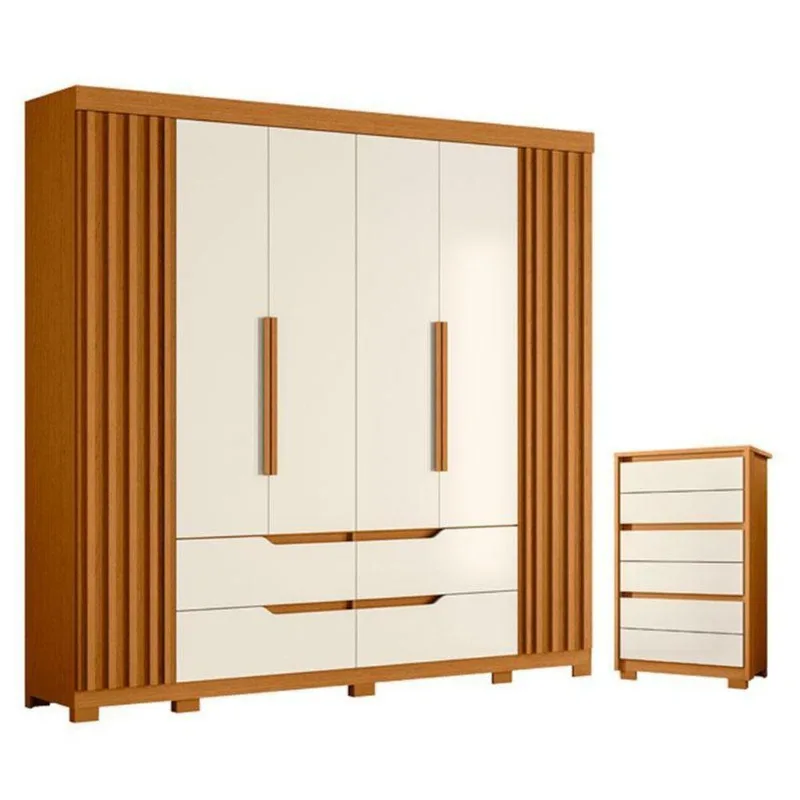 Kit Guarda Roupa Casal Doble 6 Portas com Cômoda Unno 6 Gavetas MDP Cinamomo Off White