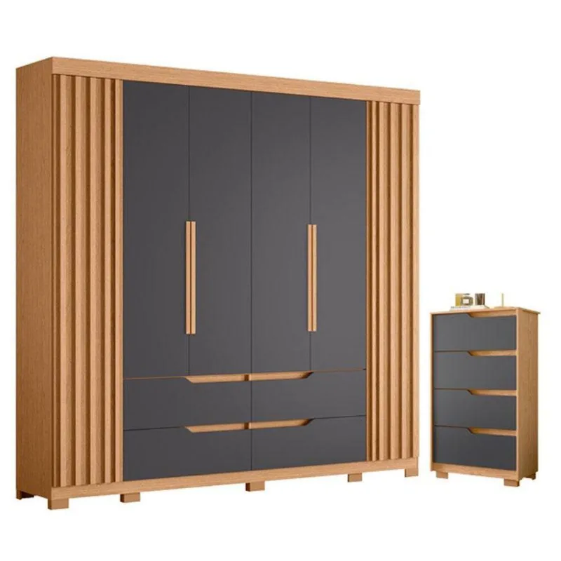 Guarda Roupa Casal Doble 6 Portas de Bater Cômoda Sole 4 Gavetas MDP Freijo Titanium