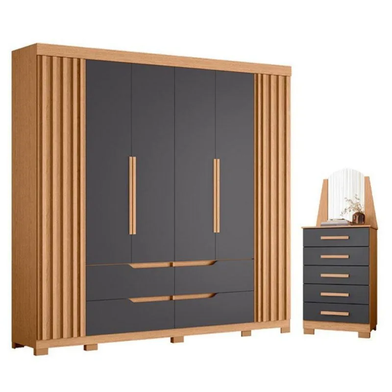 Guarda Roupa Casal Doble 6 Portas e Cômoda New Veneza 5 Gavetas MDP Freijo Titanium